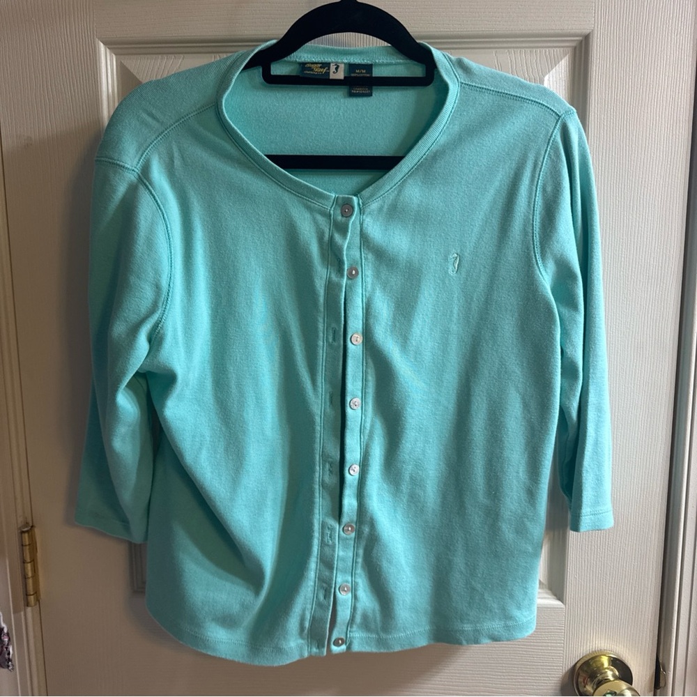 Women’s Sugar Reef Aqua Med.3/4 length sleeve cardigan seahorse logo 100% cotton